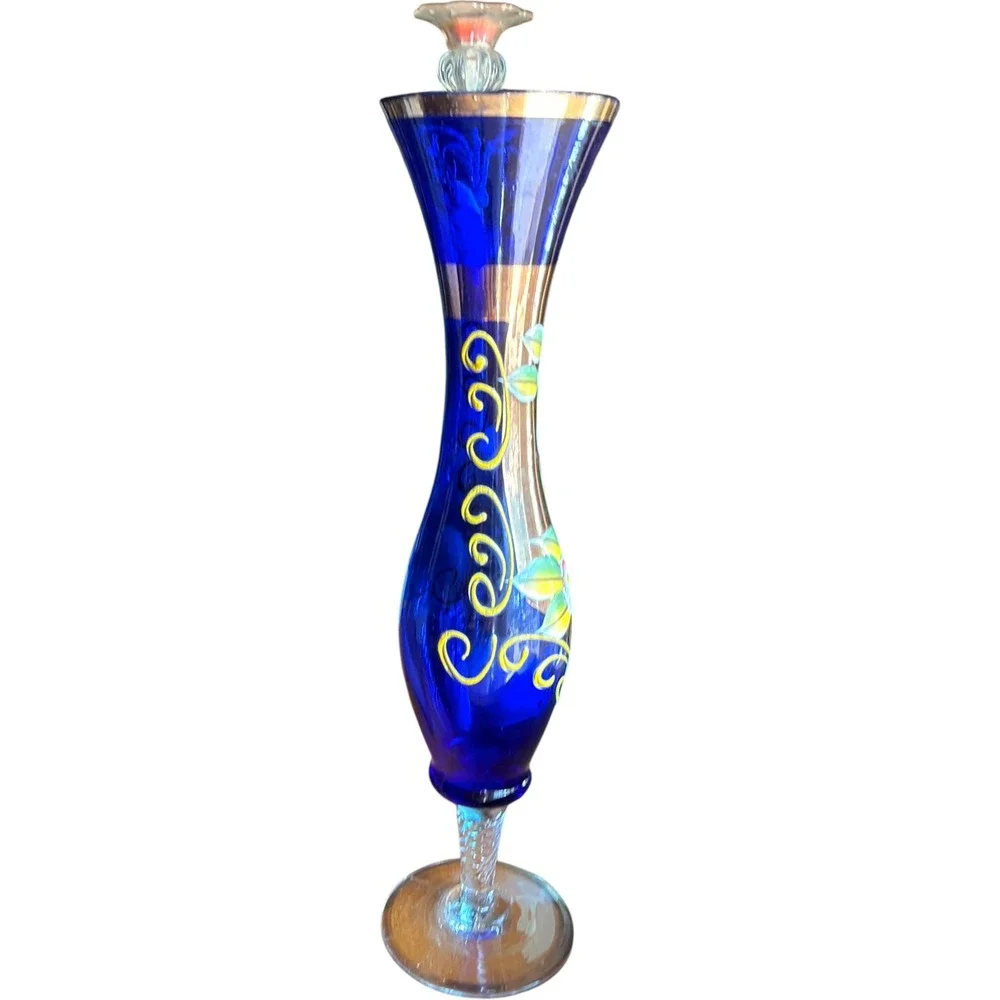 Vintage Cobalt Blue Glass Bud Vase Hand Painted Floral Gold Trim Murano Style